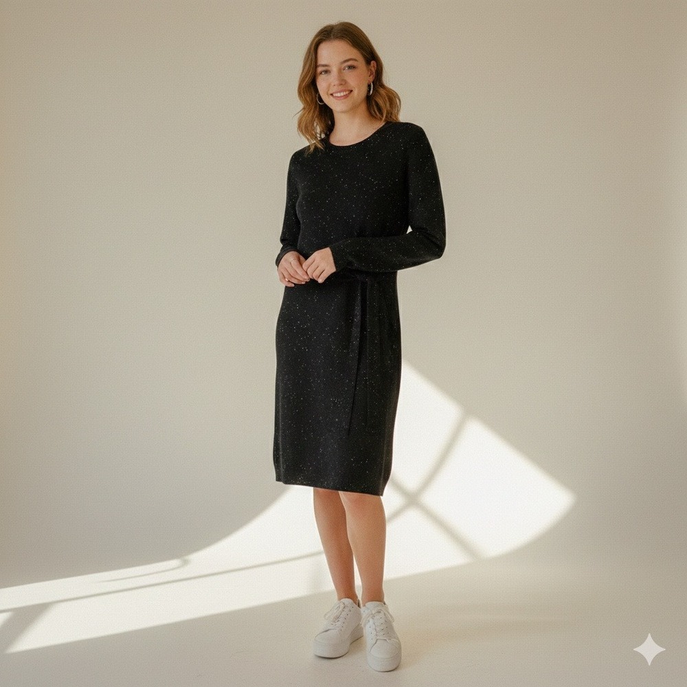Talbots Petite Black Speckled Sparkle Waist Long Sleeve Sweater Dress - Size MP
